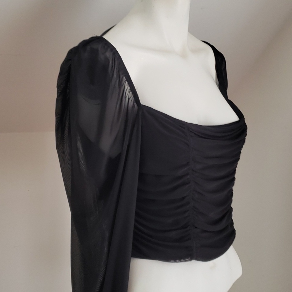 H & M Divided Black Mesh Crop Top Blouse, Rushed Bodice, Mesh Long Sleeve, Sz L